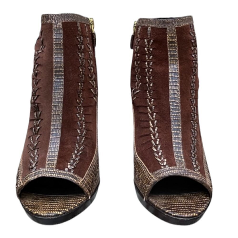 Vince Camuto Brown VC-Night Woven Leather Peep Toe Side Zipper 4.5" Shoes 8.5B - Picture 3 of 16